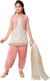 AarikaGirls Ethnic Wear White-Peach Colour Sequin Embroidery Lace Work Silk Kurti Patiala With Jacket