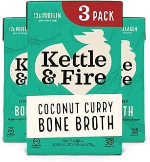 Kettle & Fire and Coconut Curry Lime Chicken Bone Broth, Keto, Paleo, and Whole 30 Approved, Gluten Free, High in Protein and Collagen, 3 Pack
