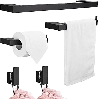 – 5-Piece Bathroom Hardware Set Bath Accessory Kit Towel Rail Wall Hooks Toilet Paper Holder Metal Wall Mounted and Towel Hooks, Black