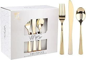 WDF 180 Pieces Disposable Plastic Gold Silverware Cutlery - Disposable Flatware Set 60 Forks, 60 Knives and 60 Spoons - Heavy Duty Gold Plastic Cutlery - Utensils for Baby Shower Wedding Spring