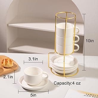 Sweejar Porcelain Espresso Cups with Saucers, 4 Ounce Stackable Cappuccino Cups with Metal Stand for Coffee Drinks, Latte, Tea - Set of 4 (White Gold Stand)