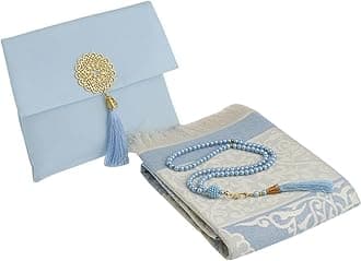 Prien Muslim Prayer Rug with Tasbih and Portable Bag, Muslim Gift for Women Men, Mubarak Islamic Box, Soft Mat Islam Gifts Set, Turkish Sajadah for Ramadan, Eid, Hajj, Travel, Pray (Blue)