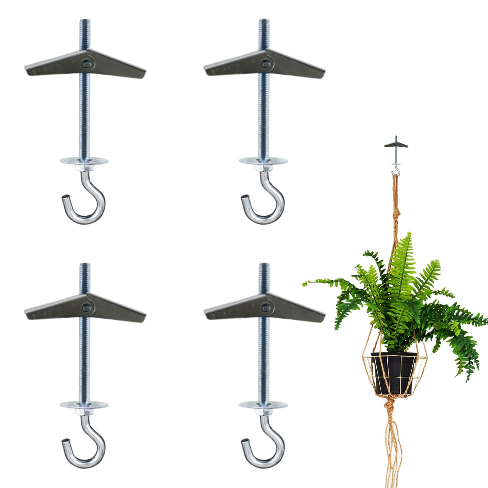 PCTC 4 Pack Carbon Steel Plasterboard Ceiling Hooks Spring Toggle Wing Bolts Wall Ceiling Installation Cavity Wall Fixing Heavy Duty Swag Hanging Plants Hanger Anchors Ceiling Hook