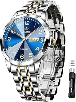 OLEVS Men Watch Blue Gold Analog Quartz Stainless Steel Waterproof Luminous Date Luxury Casual Watch