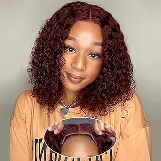 Pinketer Burgundy Glueless Wigs Human Hair Pre Plucked Pre Cut 4x4 Lace Closure Wear and Go Deep Wave Bob Wig 180% Density 99J Curly Human Hair Wigs for Black Women (Burgundy Wig, 10in)