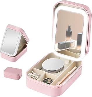 Travel Makeup Bag, Makeup Vanity Box with Mirror and Lights, Vanity Case with 4 Dividers Compartment for Women, 3 Colors Modes (Pink)
