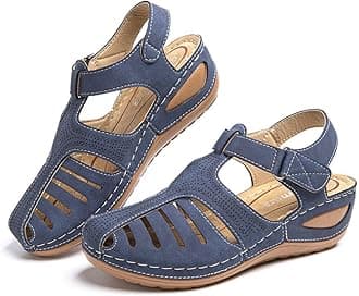 Hitmars Women Sandals Wedge Comfortable Ladies Strap Platform Vintage Closed Toe Soft Wide Fit Summer Sandal Slip on Black Brown Blue 3-9 UK