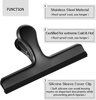 HOUSE AGAIN 6 Pack Stainless Steel Chip Bag Clips Covered with Silicone - NO More Sharp Edges - Color Coded for Food Bags - Air Tight Seal, Heavy Duty for Kitchen and Office, 5 Inches-Black