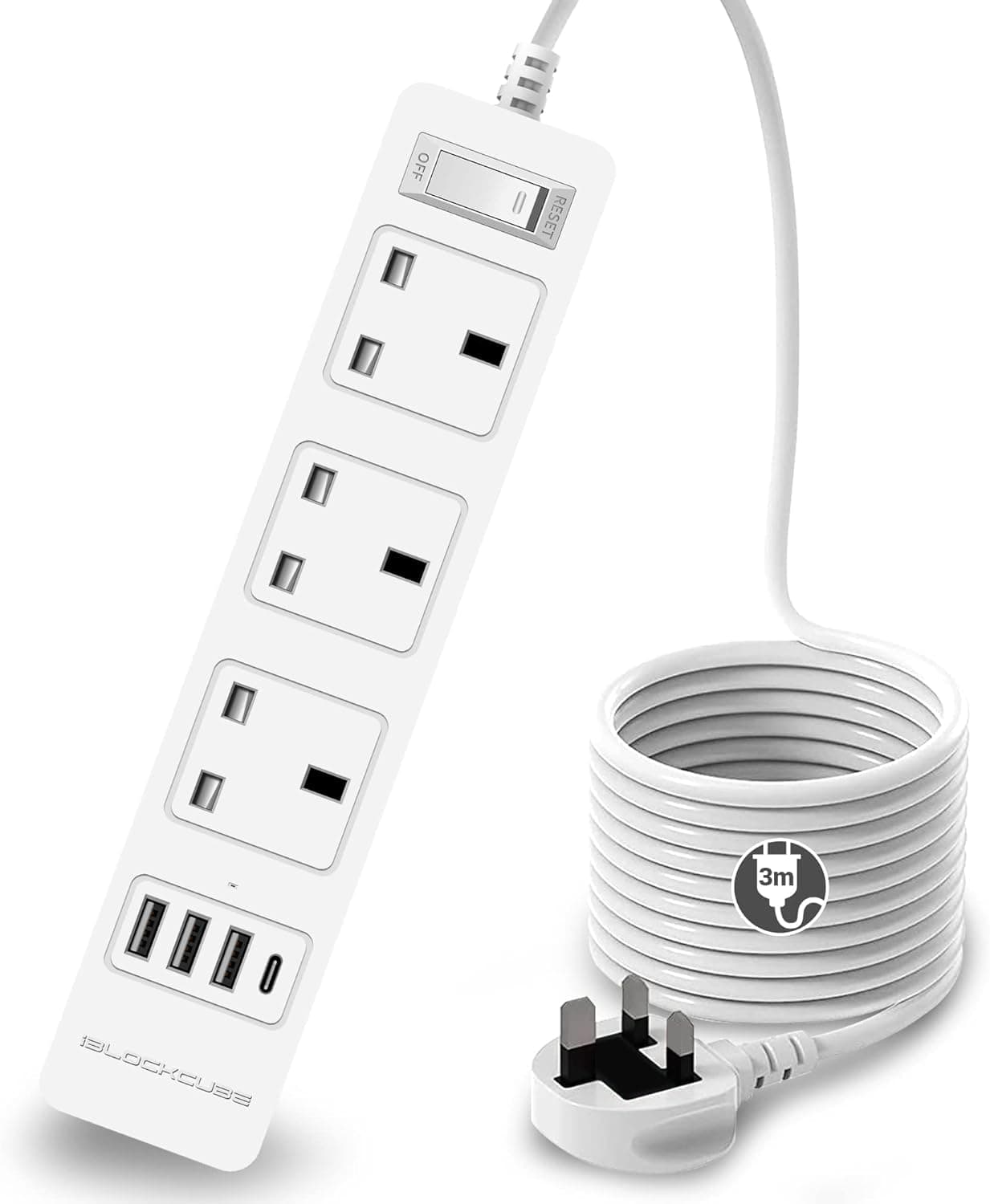 Extension Lead with Fast Charging USB C Slots Cable Power Strip, 3 Way UK Socket and Plug | Smart Charging Station, Switched Fuse & Shutter Surge Protected, and Wall Mount (SOS_W_3M_20W)