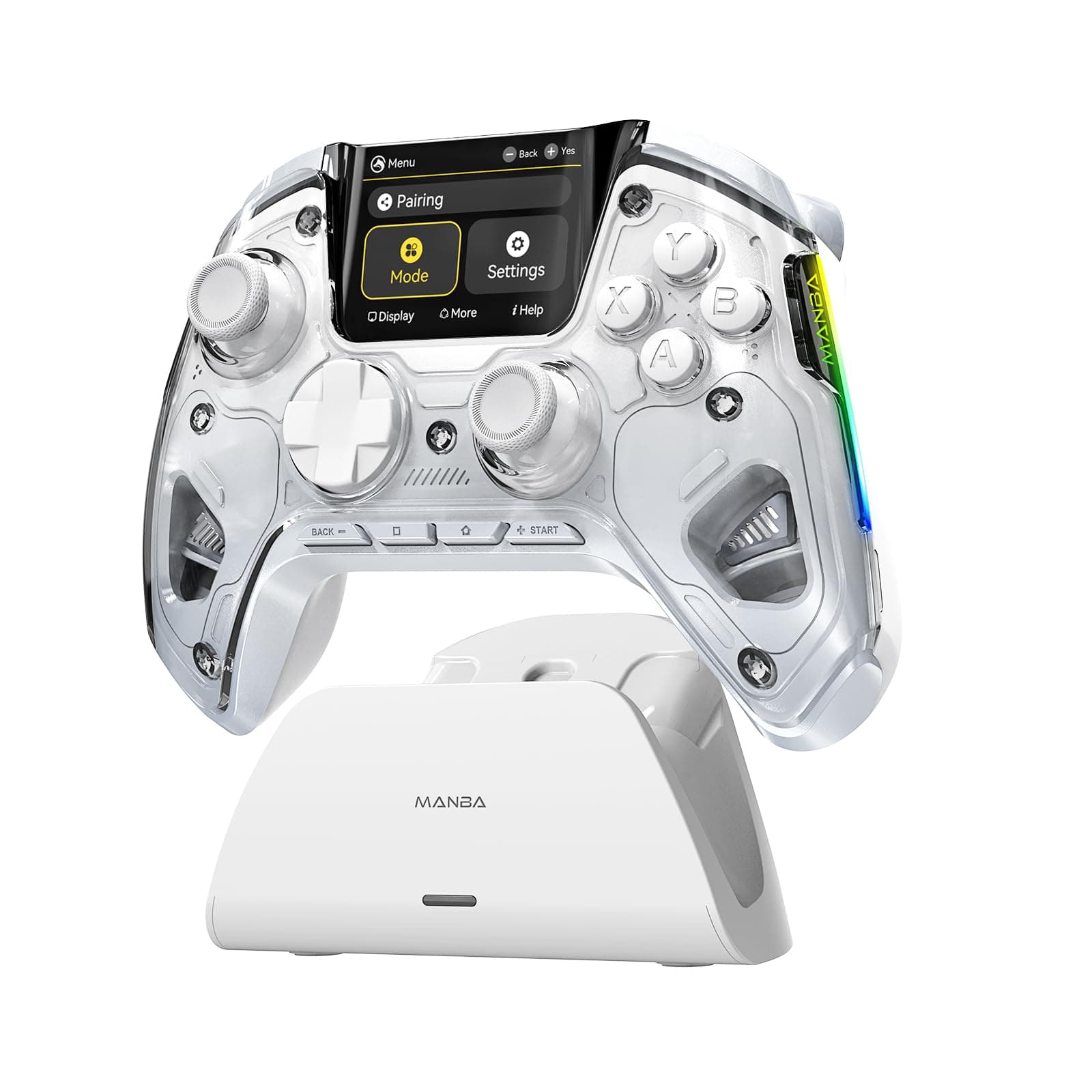 (No Drift) ManbaOne Wireless Game Controller with Interactive Screen for Windows PC/Switch/iOS/Android,Hall Effect Stick and Trigger with Charging Dock (White)