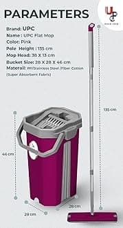 U.P.C. Hands-Free Squeeze Microfiber Flat Spin Mop System 360� Flexible Head (38X12.5 cm) with 1 Super-Absorbent Microfiber Pads, 59.8'' Extended Stainless Steel Handle