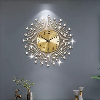 Large Wall Clocks for Living Room Decor Modern Gold Silent Wall Clock Battery Operated Non-Ticking for Bedroom Kitchen Home Decorative 14 Inch Round Metal Crystal Wall Watch Clock for Office