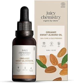 Juicy Chemistry Sweet Almond Oil, 30 ml Organic Carrier Oil for Dry & Frizzy Hair, Cold Pressed Almond Oil for Glowing Skin