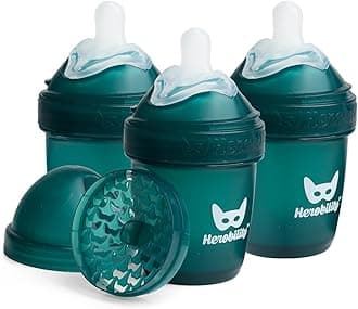 Herobility Anti-Colic Baby Bottles 5 fl oz /140 ml – Pack of 3 Newborn Baby Bottles, Slow Flow Plastic Bottles, Breast-Shaped Teat for Breastfed Babies, Small Baby Bottles, Swedish Design, Dark Green