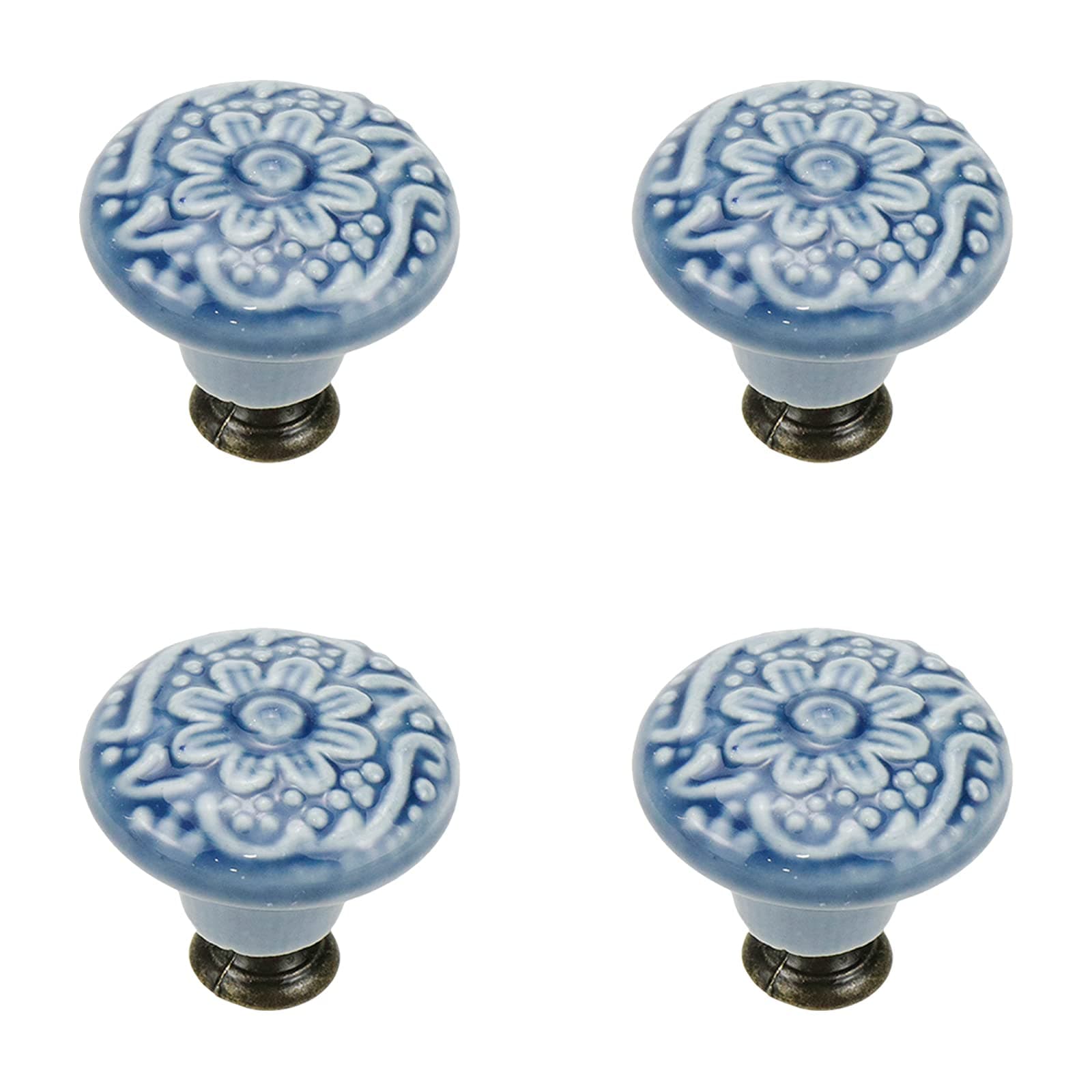 Geesatis 4 Pcs Ceramic Cabinet Kitchen Knobs Handles Vintage Round Single Hole Knobs for Drawer Cupboard Closet, with Mounting Screws, Blue