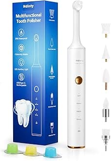 Tooth Polisher, Rechargeable Plaque Remover for Teeth Whitening and Cleaning with 4 Speed Modes, 5 Brush Heads and LED Light (White)