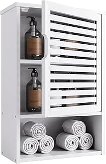 – HITNET White Bathroom Wall Cabinet, Bamboo Medicine Cabinet, Single Door Hanging Storage Cupboard with Adjustable Shelf