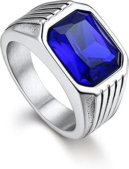 Bandmax Gemstone Signet Rings for Men, Stainless Steel Fancy Cut Cubic Zirconia Rings Blue Topaz/Emerald/Black Onyx/Ruby Ring Statement Ring Wedding Ring Size 7-14