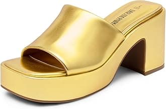 DREAM PAIRS Women's Fashion Heels High Chunky Platform Comfort Slip on Square Open Toe Block Heel Sandals, Size 7, GOLD-PU, SDHS2410W