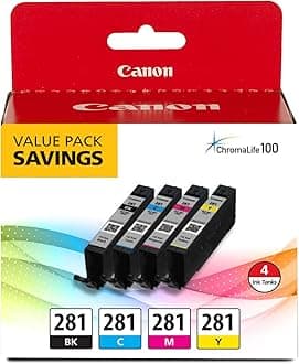Canon CLI-281 Black, Cyan, Magenta and Yellow 4 Ink Pack, Compatible to TR8520, TR8620 Series, TS9120, and TS6210 Printers