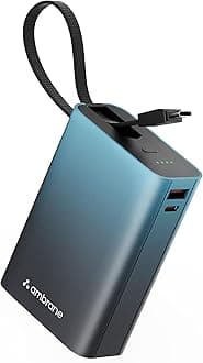 Ambrane 20000mAh Small Pocket Size Powerbank, Hanging InBuilt Type C Cable, 22.5W Fast Charging, Type C PD & USB Output for iPhone, Android Mobiles & Other Devices (MiniCharge 20, Black-Blue)