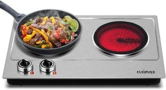 Double Burner, CUSIMAX 1800W Ceramic Electric Hot Plate for Cooking, Dual Control Infrared Cooktop, Portable Countertop Burner, Glass Plate Electric Cooktop, Silver, Stainless Steel-Upgraded Version