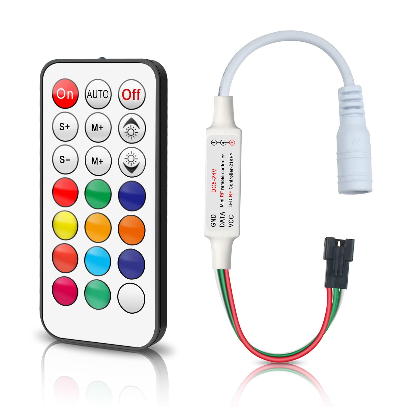 DC5V/12V/24V RF Wireless Remote LED Controller, Addressable Mini LED Controller for WS2812B WS2811 Dream Color LED Pixel Strip Panel Lights, 3PIN JST Connector (21 Key)