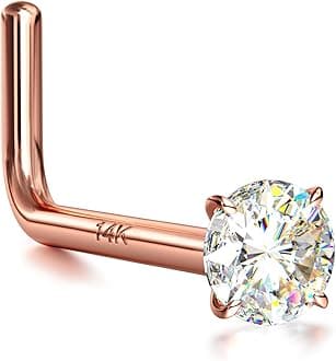 14K Real Gold Nose Studs, 18G 20G Solid Gold L Shaped Nose Rings, Simulated Diamond CZ Hypoallergenic Nose Piercings for Women Men 1.5 2 3MM