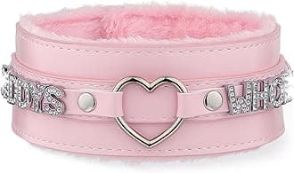 Pink Furry Heart O-ring Leather Choker Collar For Women, Handmade Punk Gothic Letter Necklace Adjustable Fashion Jewelry