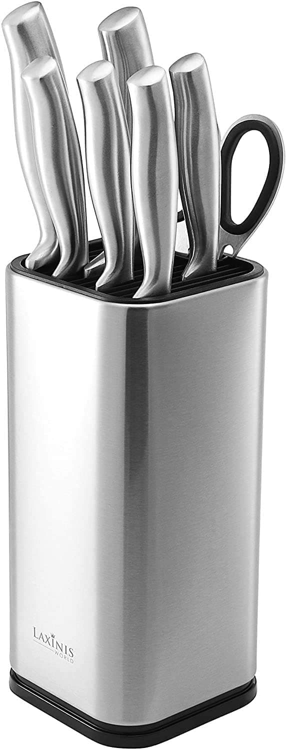 Laxinis WorldUniversal Knife Block, Stainless-Steel Modern Rectangular Design with Scissors-Slot, Knife Holder Counter-top Storage, Holds 12 8”-Blade Knives, 9.1” by 4”(knives not included)