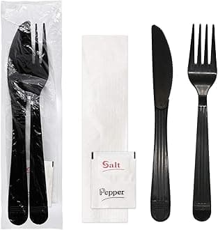 Party Essentials Individually Wrapped Heavy Duty Plastic Utensil Kits, 50 Sets for Party Catering, Fork/Knife/Napkin/Salt/Pepper, Black
