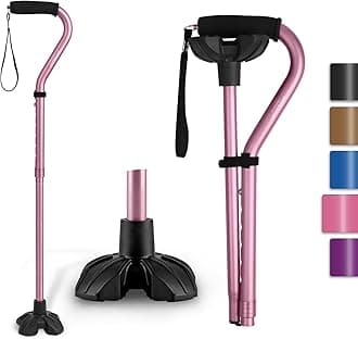 GPTCAMP Walking Cane for Women and Men, Lightweight and Sturdy Offset Walking Stick, Large Quad Base Canes for Seniors, Walking Crutches for People with Leg Injuries(Pink)