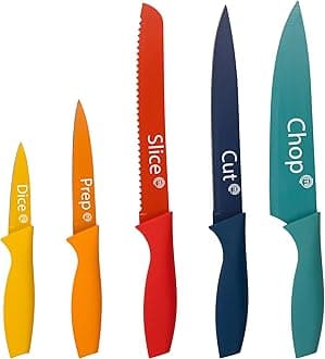 MasterChef Coloured Knife Set of 5 Kitchen Knives (Paring, Utility, Carving, Bread & Chef) Colour Coded Stainless Steel Blades & Soft Touch Handles, 5 Piece, Multi-Coloured