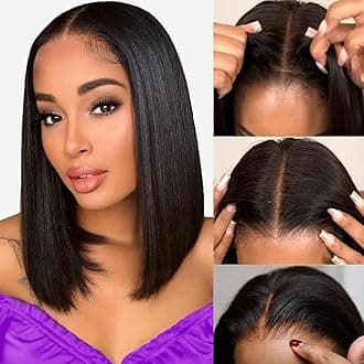EQ DUOUPA Wear and Go Glueless Wig Human Hair Pre Plucked Pre Cut 5X5 HD Lace Closure Bob Wigs for Black Women Straight Short Bob Wigs Human Hair Glueless For Beginners 180% Density 12 inch