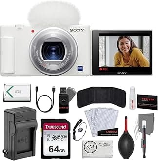 SonyZV-1 Digital Camera | White Bundled with 64GB Memory Card + Photo Starter Kit (11 Pieces) + Battery Charger for Sony NP-BX1 + Microfiber Cleaning Cloth (5 Items)