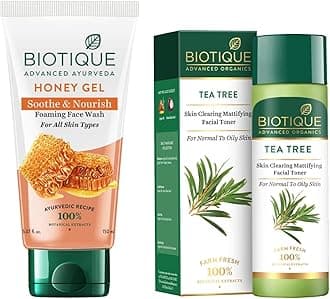 Biotique Tea Tree Skin Clearing Mattifying Facial Toner For Normal To Oily Skin Face Toner, 120Ml & Honey Gel Soothe & Nourish Foaming Face Wash For All Skin Types 150 Ml