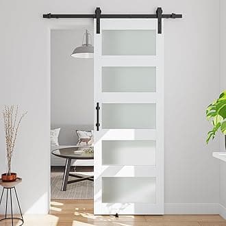 28in x 80in Glass Barn Door with 5ft Barn Door Hardware Kit & Handle, Pre-Drilled Holes Easy Assembly -Solid Barn Door Slab Covered with Water-Proof PVC Surface, White, 5 Panel