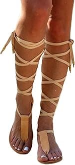 Flat Knee High Gladiator Sandals for Women Dressy Summer Strappy Lace Up Thong Flip Flops Rome Bohemia Sexy Bandage Sandals