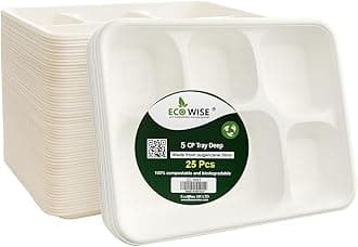 Best House EcoWise 100% Compostable and Biodegradable 5 Compartment Dinner Plates, 5CP Food Tray, Eco-Friendly Sugarcane Paper Trays (Pack of 25 PCS)