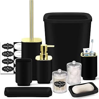 IMAVO Bathroom Set - 9 Pcs Black and Gold Bathroom Accessories Set with Trash Can, Soap Dispenser,Tray,Soap Dish, Toothbrush Holder and Cup, Toilet Brush Holder, Qtip Holder Dispenser with Labels