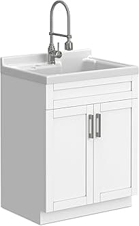 SIMPLIHOME Hennessy All-in-One 28 inch Wide Utility Sink and Laundry Cabinet in Pure White Finish, Transitional ABS Sink Cabinet for Laundry Rooms with High-Arch Chrome Faucet and Pull-Out Spray