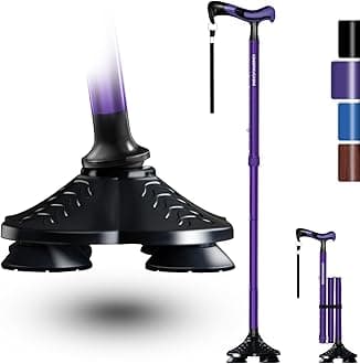 KingPavonini Walking Cane for Men Women Stability, Free Standing Foldable Cane, Ergonomic Handle Pivoting Quad Base, Heavy Duty 350 LBs, Adjustable Walking Canes for Seniors Balance with Travel Bag