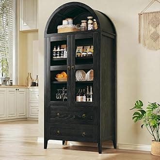 HUAHUU 71" Tall Arched Kitchen Pantry, Arched Cabinet, Kitchen Storage Cabinets with 2 Large Drawers & Adjustable Shelves & Glass Door for Living Room, Dining Room, Black