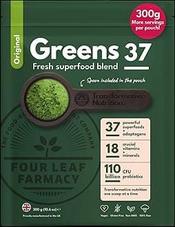 Greens Powder - Made in UK with 37 superfoods - 300g High Dosage Servings - Vegan Gluten Free Greens Powder- Daily Vitamins, probiotics for Gut Health - with KSM-66® Ashwagandha and Lions Mane
