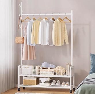 Lukzer | MGR-004 | White | Metal Garment Rack with Wheels, 2 Bottom Shelves & Single Rod – Cloth Organizer for Hanging Clothes, Bags, Shoes in Bedroom, Entryway, Office & More | 173 x 110 x 35 cm