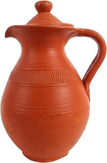 KSI Clay Water Jug – 1.5L Terracotta Water Jug with Lid & Handle | Mitti Ka Surahi for Drinking Water | Handmade Mud Pot Pitcher | Naturally Cools, Purifies & Balances pH, Eco-Friendly & Chemical-Free