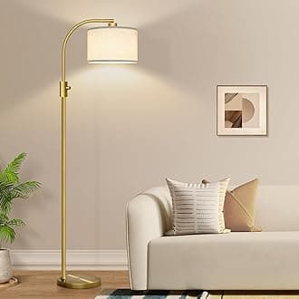 Upgraded Modern Arc Dimmable Tall Standing Floor Lamp with Linen Shade, 1200 Lumens LED Bulb Included, for Living & Reading Room, Bedroom, Office & Nursery, Brass