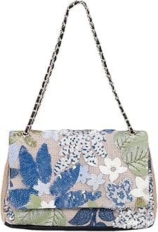 Floral Knitted Cross Body Bags for Women Sequins Woven Chain Strap Shoulder Bag for Travel Work