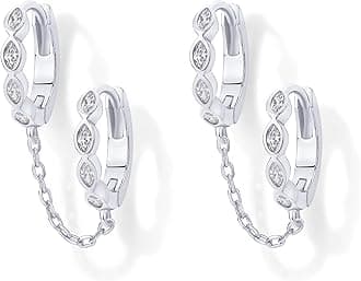 14K Gold Chain Earrings for Women | Double Piercing Dangle Chain Huggie Hoop Earrings | Cubic Zirconia Pearl Stud Ear Cuff Earrings for Women