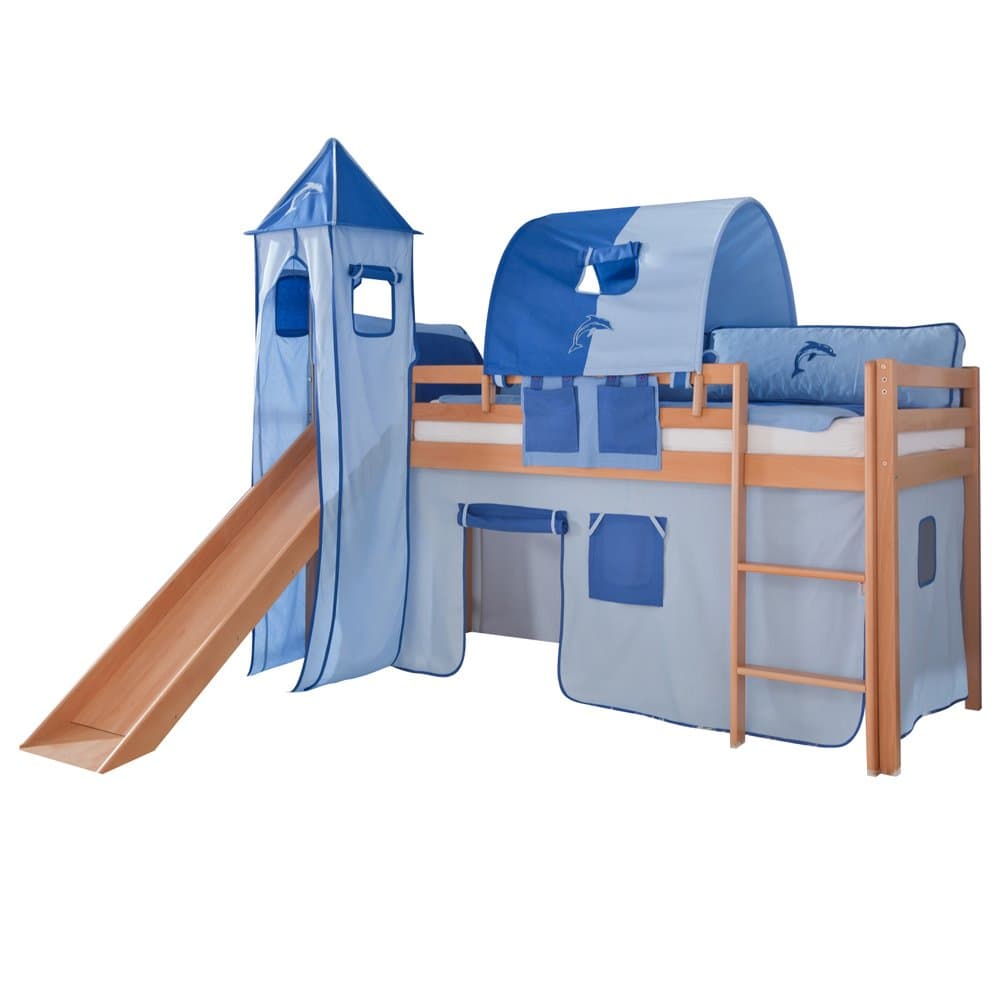 Relita Loft Bed Solid Beech Toby with Slide, Tower, Bl, Dolphin, blue/light blue